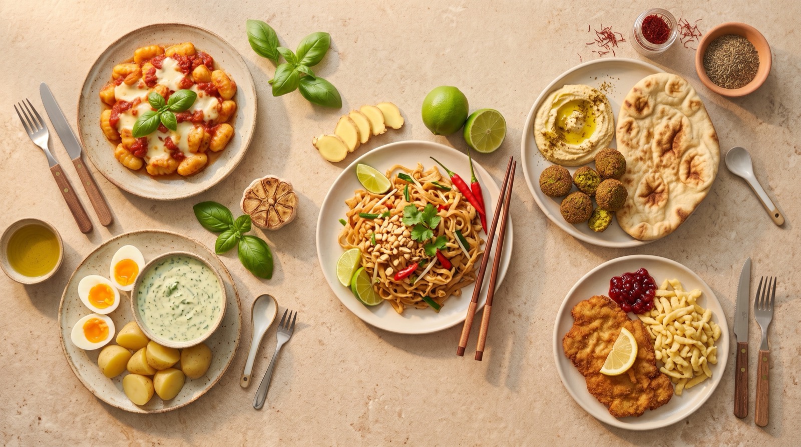 Fünf Gerichte aus verschiedenen Küchen, von oben auf einer hellen Steinfläche angerichtet: Gnocchi mit Tomate und Basilikum, Grüne Soße mit Ei und Kartoffeln, asiatische Nudeln mit Limette und Chili, Hummus mit Fladenbrot und Falafel sowie Schnitzel mit Spätzle.