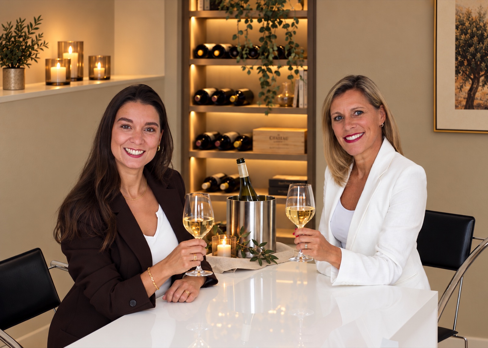 Inken Hegner und Carolina Maggiore an einem hellen Tisch, jede mit einem Glas Weißwein in der Hand. Im Hintergrund ein beleuchtetes Weinregal und Kerzen.